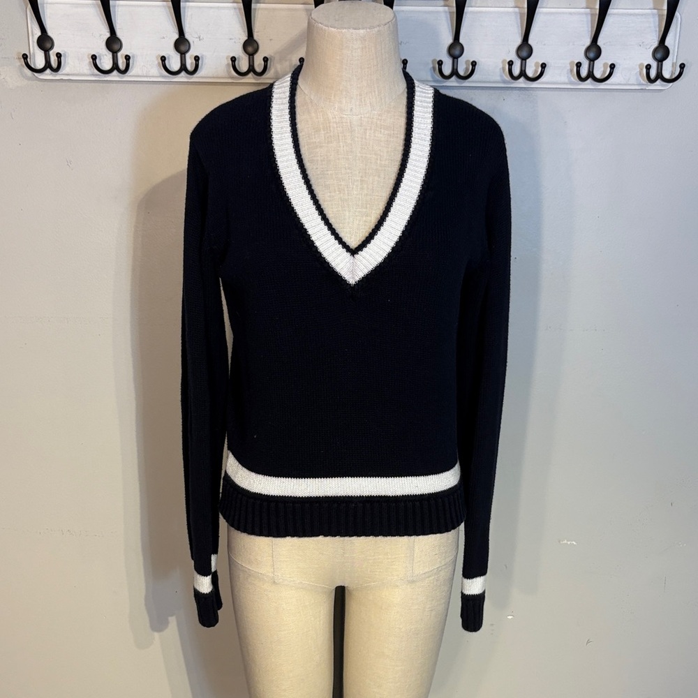 Brandy Melville Dark Navy and White V-Neck Sweater